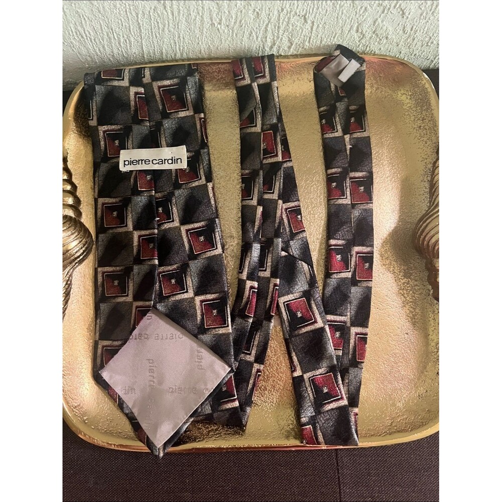 #2183:Vintage Pierre Cardin Black Tie with Burgundy & Cream Geometric Squares